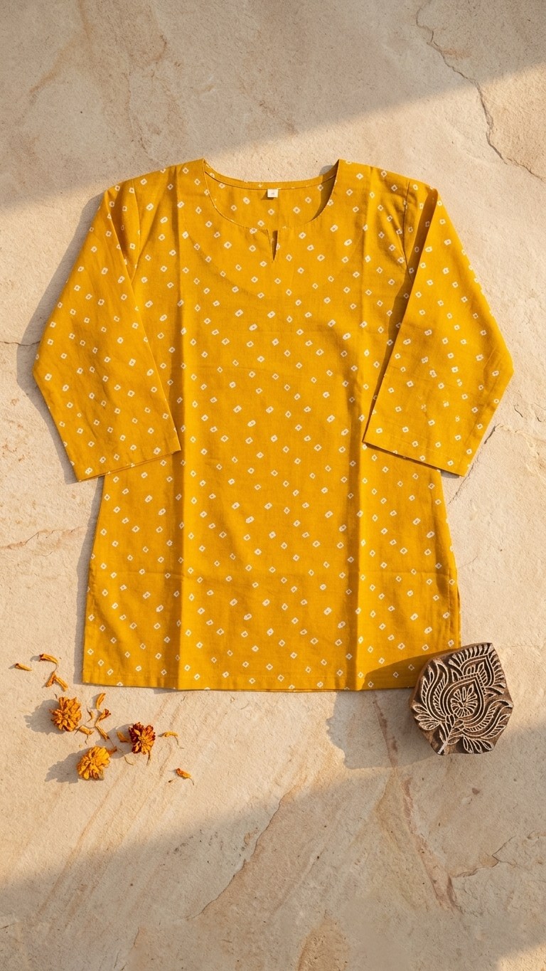 Mustard Bandhani Dot Print Women's Cotton Short Kurti Top
