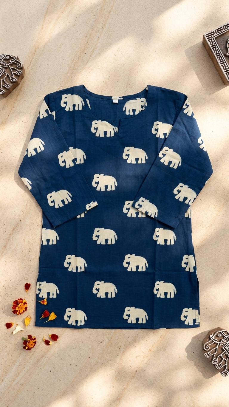 Navy Blue Elephant Print Women's Cotton Short Kurti Top