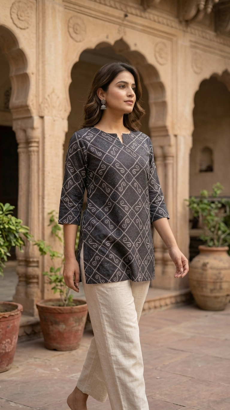 Black Bandhani Diamond Print Women's Cotton Short Kurti Top