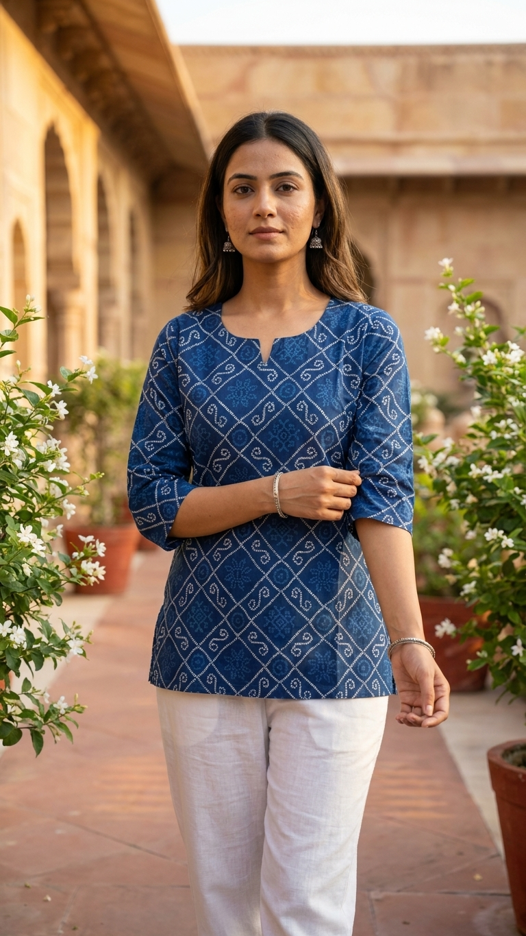 Navy Blue Bandhani Printed Women's Cotton Short Kurti Top