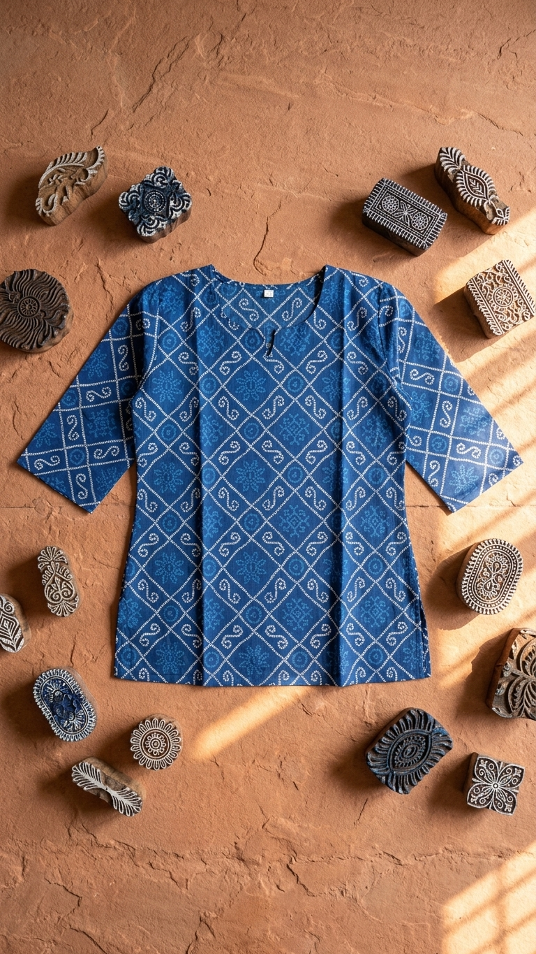 Navy Blue Bandhani Printed Women's Cotton Short Kurti Top