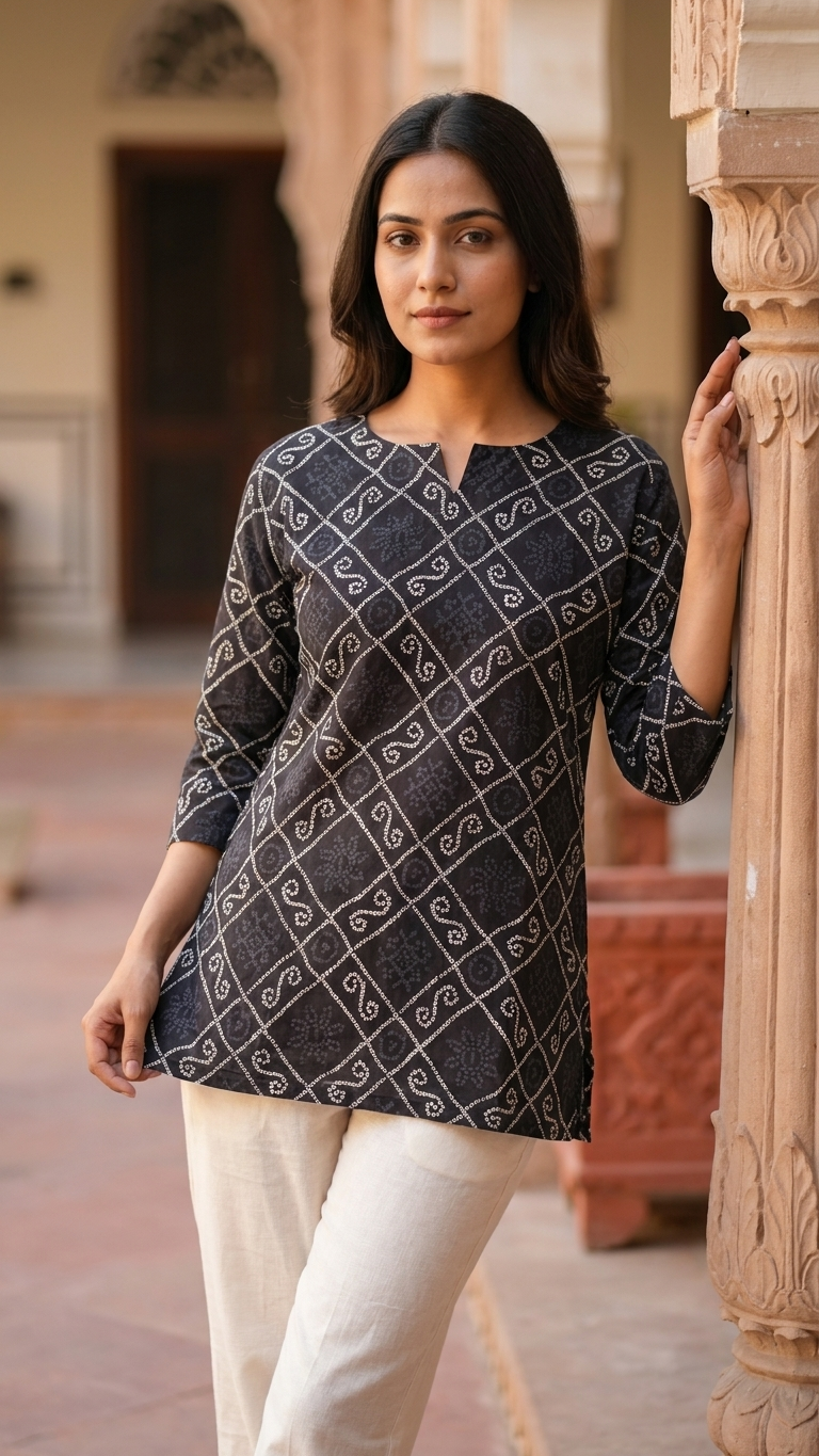 Black Bandhani Diamond Print Women's Cotton Short Kurti Top