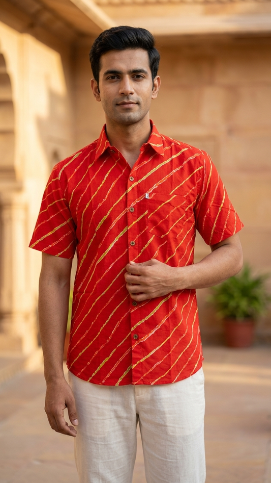 Red Leheriya Printed Mens Half Sleeves Cotton Shirt