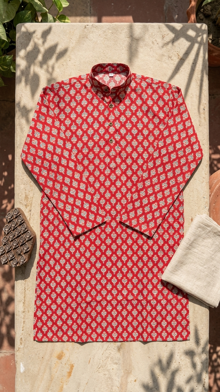 Red White Floral Printed Men's Full Sleeves Cotton Long Kurta