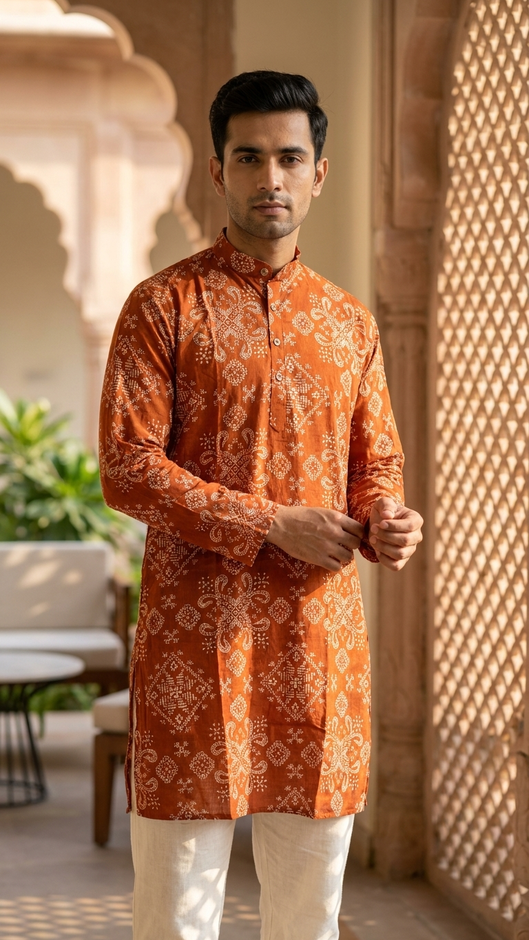 Rust Orange Geometric Printed Men's Full Sleeves Cotton Long Kurta