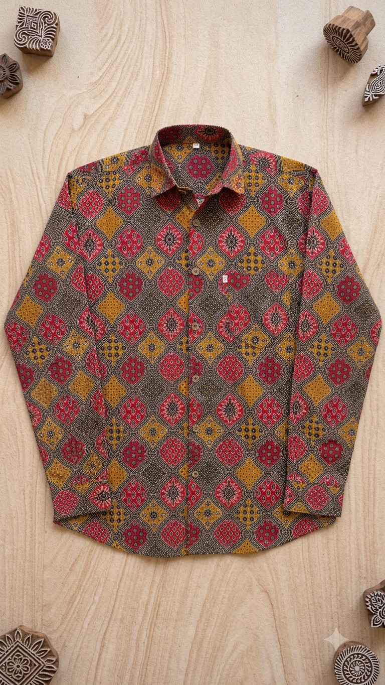 Full Sleeve Black Red & Mustard Geometric Printed Men’s Cotton Shirt