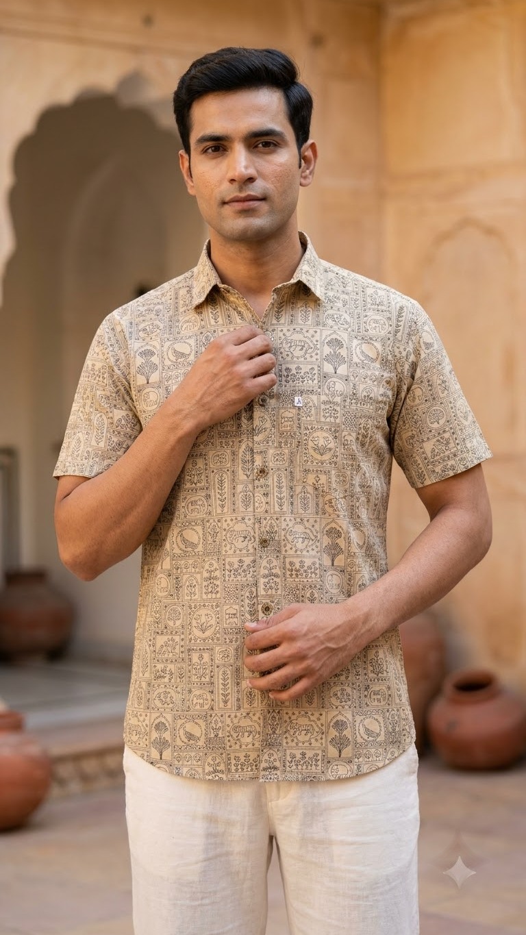 Beige Figure Heritage Printed Mens Half Sleeves Shirt
