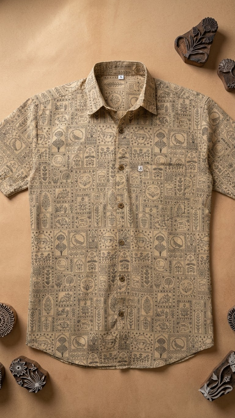 Beige Figure Heritage Printed Mens Half Sleeves Shirt