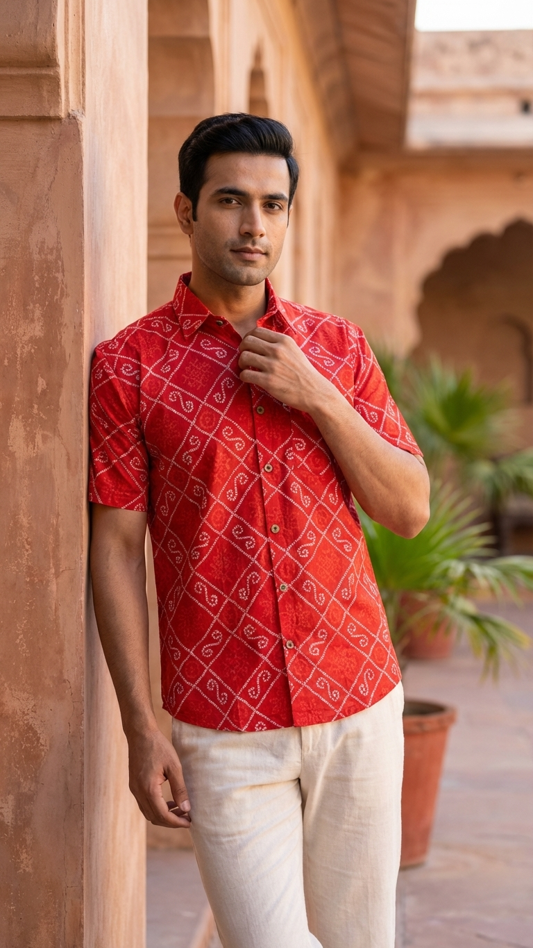 New Red Bandhani/Bandhej Printed Mens Half Sleeves Cotton Shirt