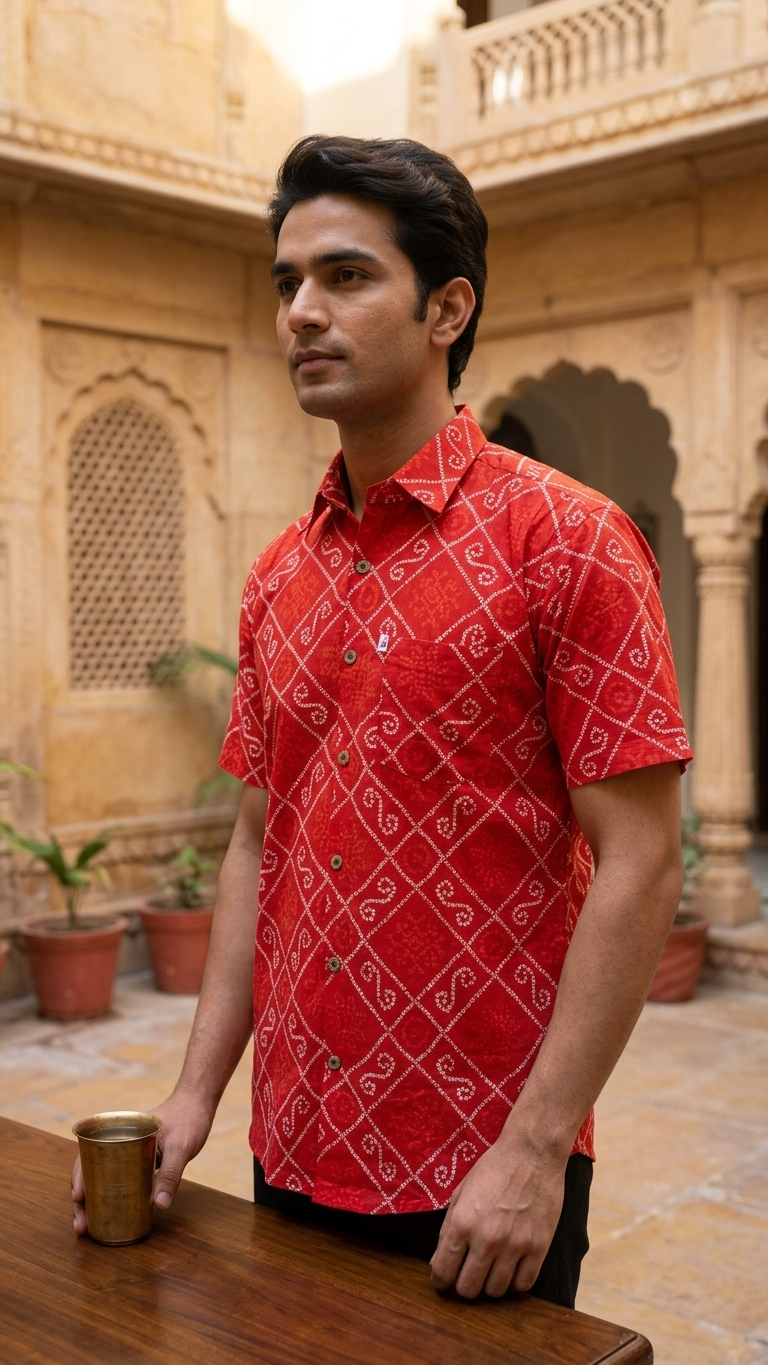New Red Bandhani/Bandhej Printed Mens Half Sleeves Cotton Shirt