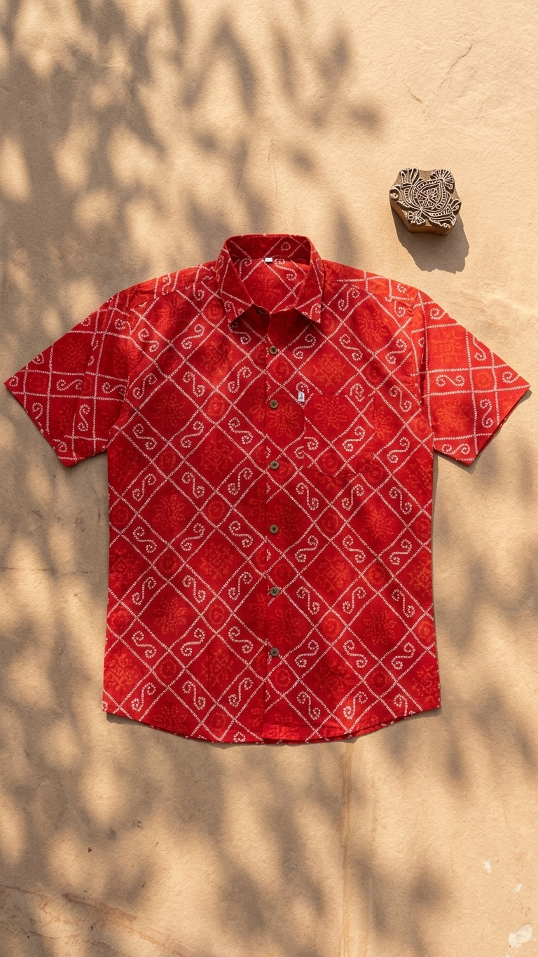 New Red Bandhani/Bandhej Printed Mens Half Sleeves Cotton Shirt