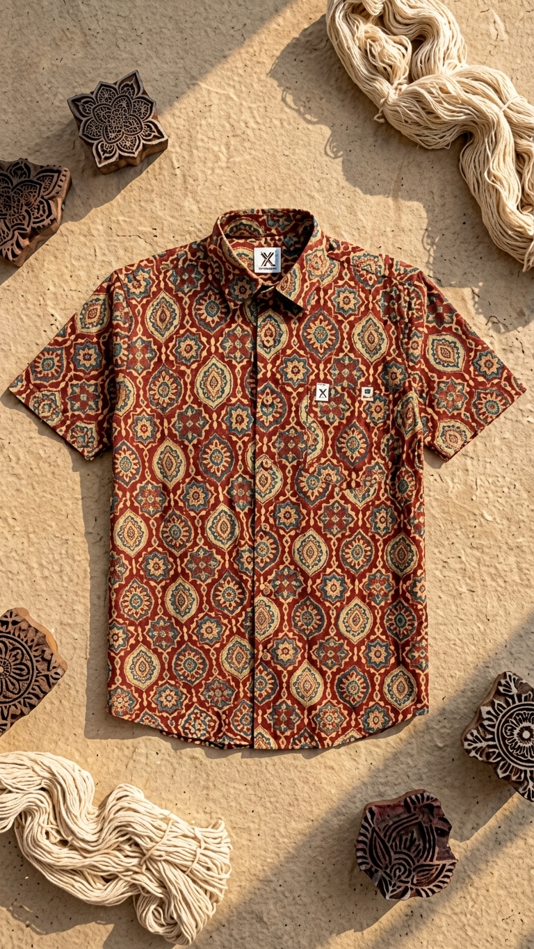 Red Ajrak Medallion Printed Men's Half Sleeves Cotton Shirt