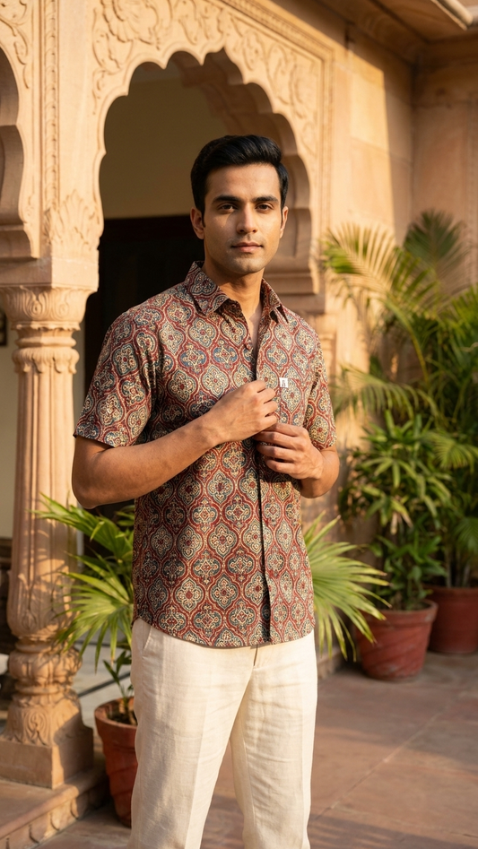 Red Ajrak Medallion Printed Men's Half Sleeves Cotton Shirt