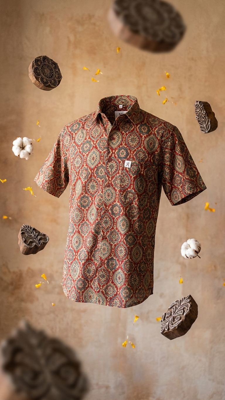 Red Ajrak Medallion Printed Men's Half Sleeves Cotton Shirt