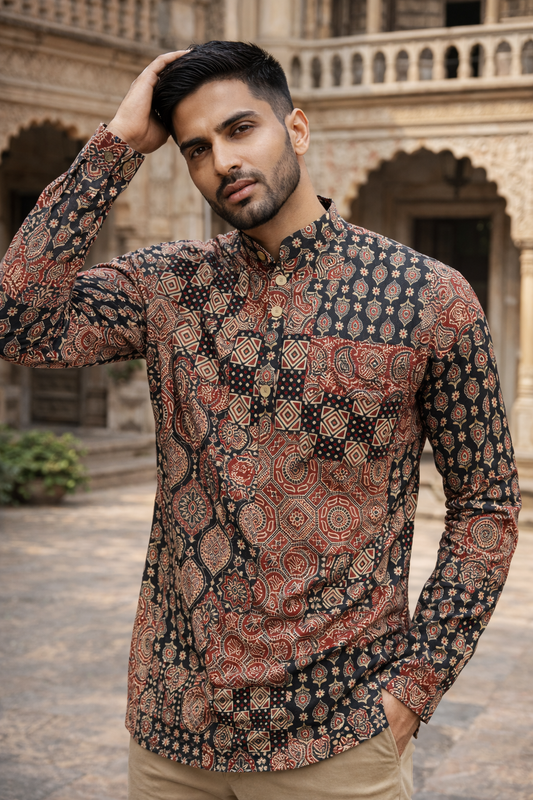 Red Black Ajrak Patchwork Printed Full Sleeves Short Kurta for Men