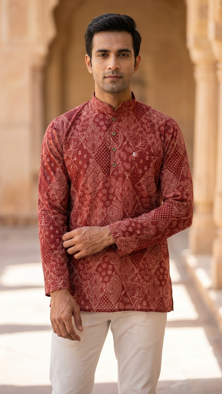 Brick Red Barfi Patchwork Printed Full Sleeves Short Kurta