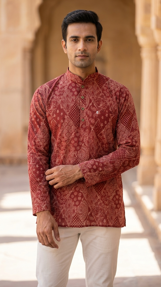Brick Red Barfi Patchwork Printed Full Sleeves Short Kurta
