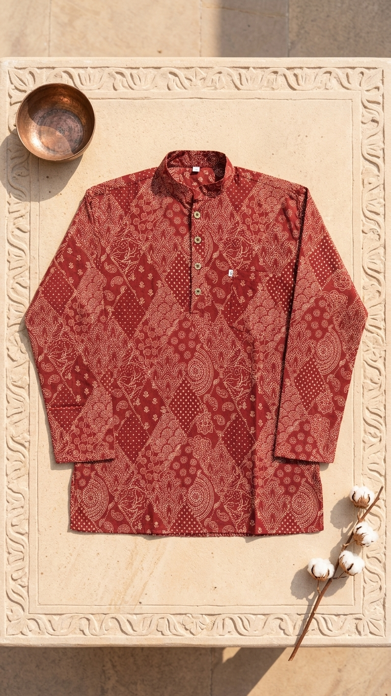 Brick Red Barfi Patchwork Printed Full Sleeves Short Kurta