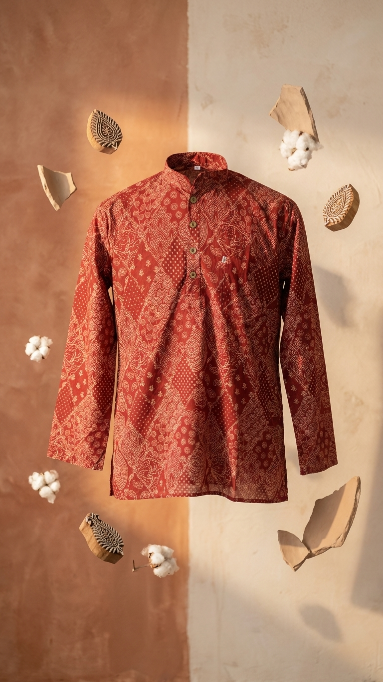 Brick Red Barfi Patchwork Printed Full Sleeves Short Kurta