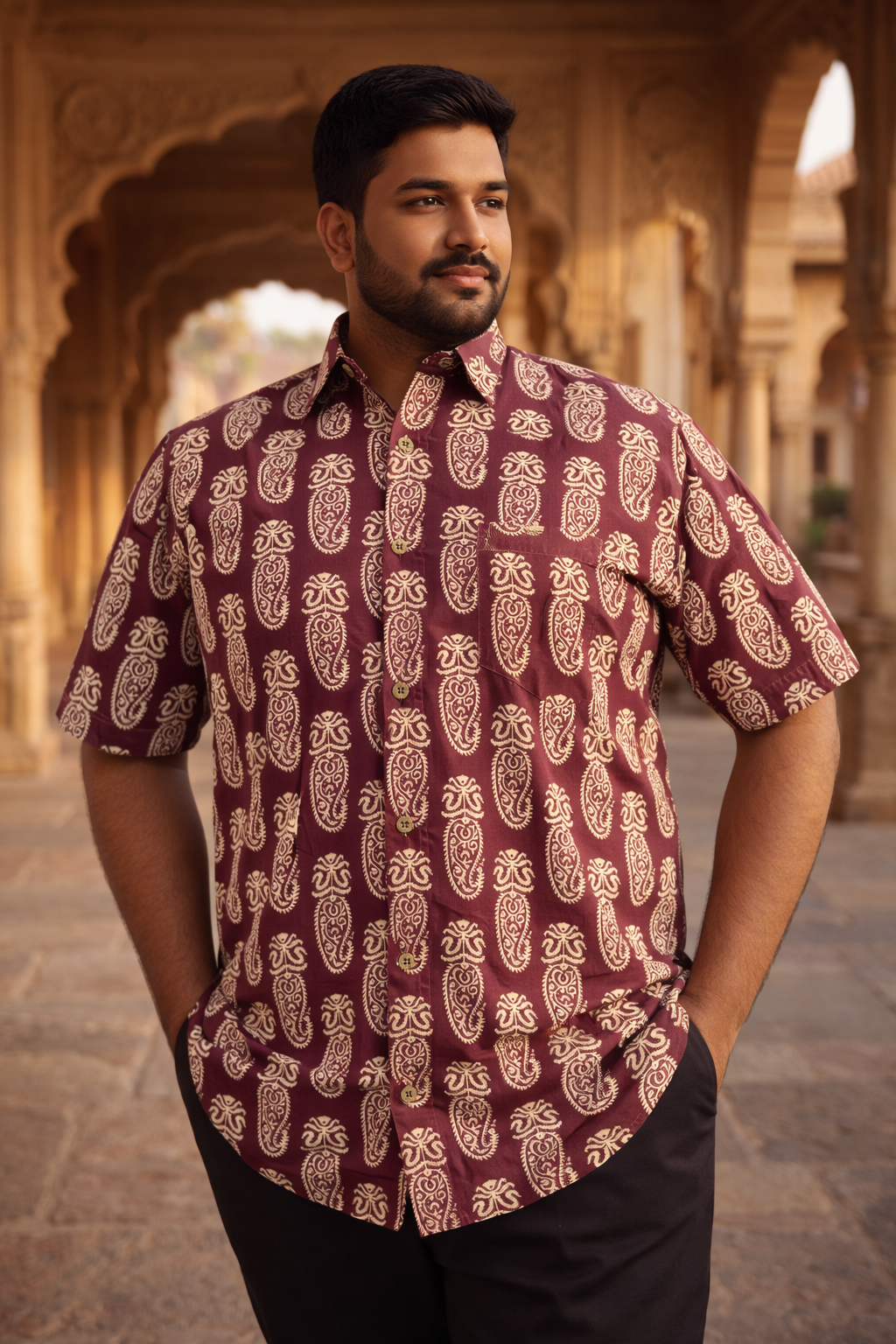 Maroon Beige Big Paisley Printed Plus Size Half Sleeves Cotton Shirt