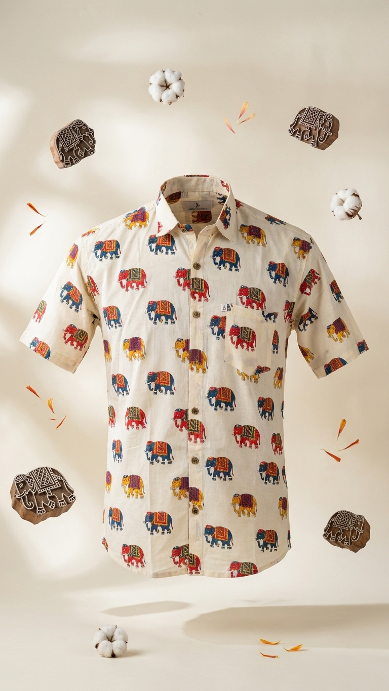 Off White Multicolor Elephant Printed Half Sleeves Cotton Shirt for Men