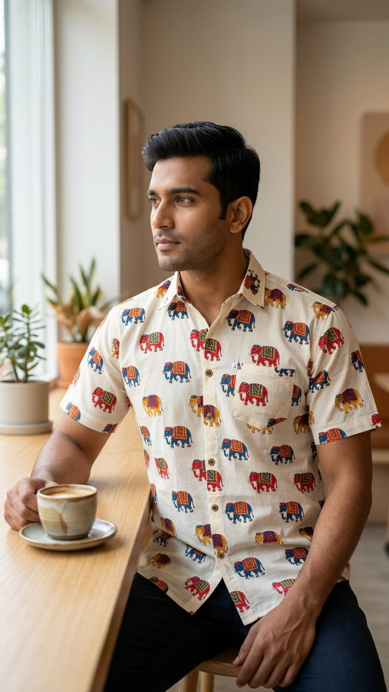 Off White Multicolor Elephant Printed Half Sleeves Cotton Shirt for Men