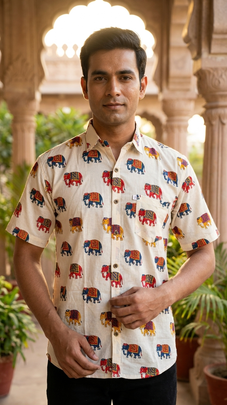 Off White Multicolor Elephant Printed Half Sleeves Cotton Shirt for Men