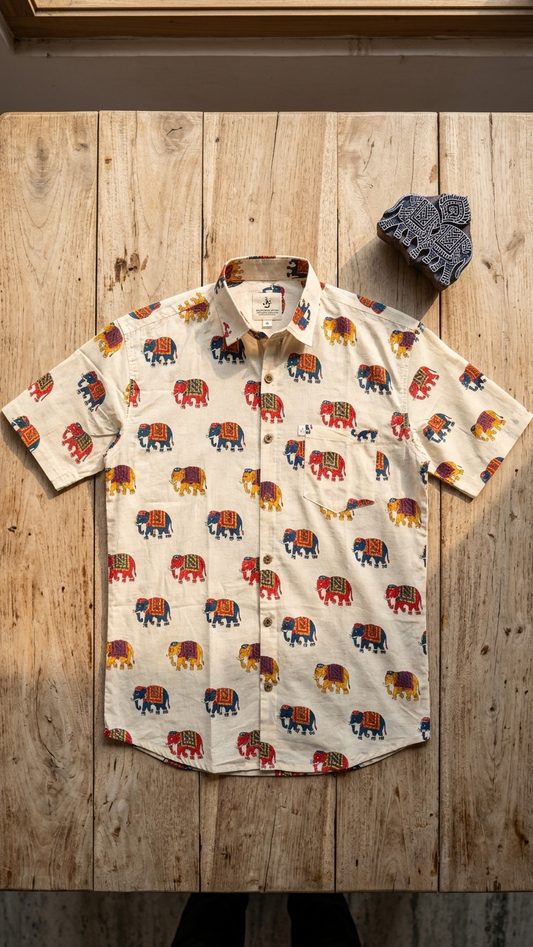 Plus Size Off White Multicolour Elephant Printed Mens Half Sleeves Shirt