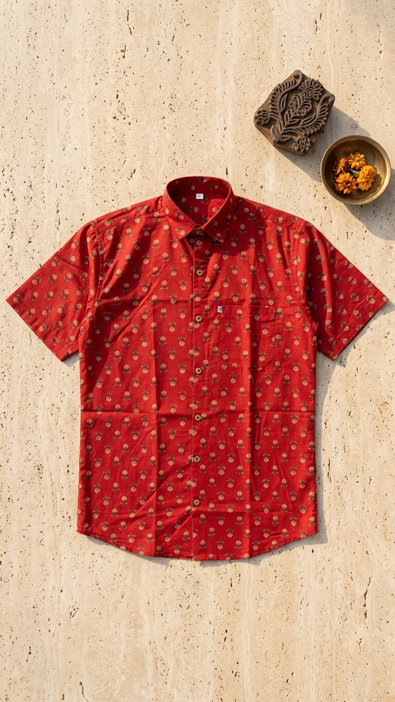 Rust Red Gold Booti Printed Men's Plus Size Half Sleeves Cotton Shirt