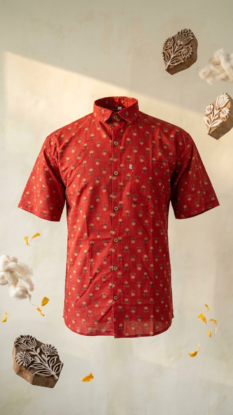 Rust Red Gold Booti Printed Men's Plus Size Half Sleeves Cotton Shirt