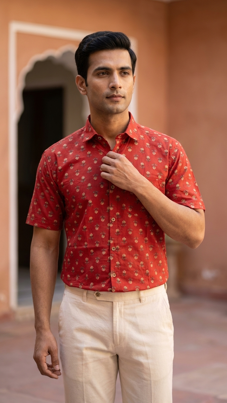 Rust Red Gold Booti Printed Men's Plus Size Half Sleeves Cotton Shirt