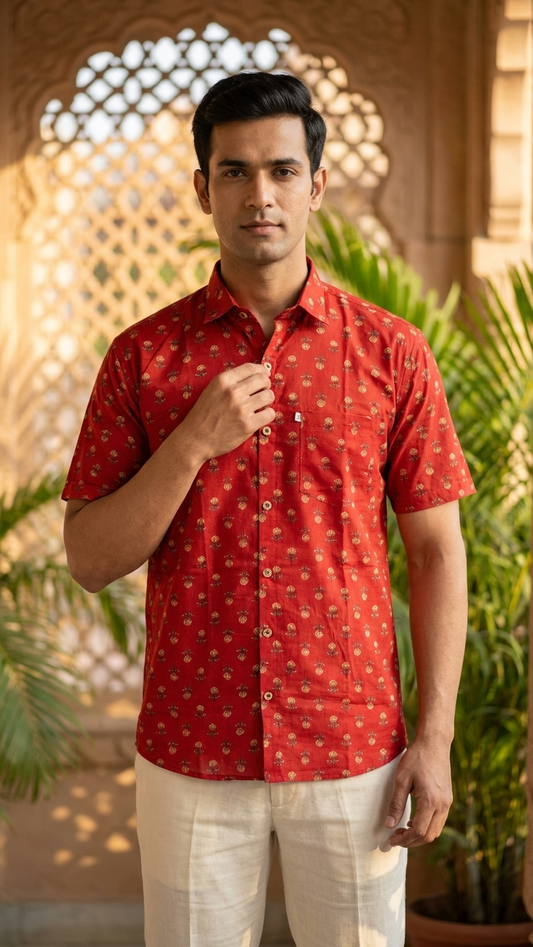 Rust Red Gold Booti Printed Men's Plus Size Half Sleeves Cotton Shirt