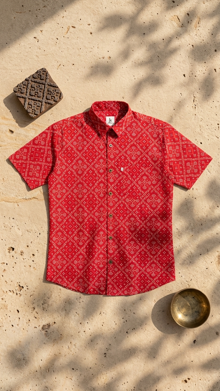 Red Floral Bandhej Printed Half Sleeves Cotton Shirt for Men