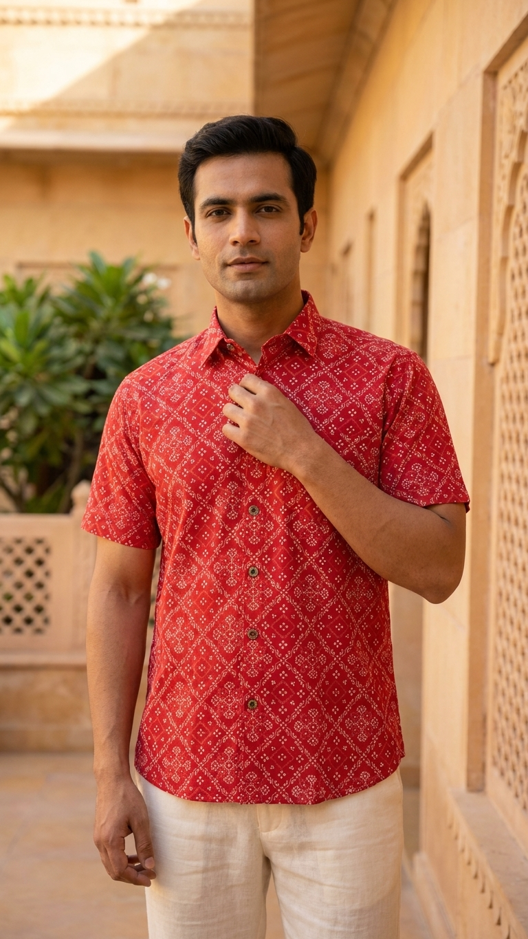 Red Floral Bandhej Printed Half Sleeves Cotton Shirt for Men