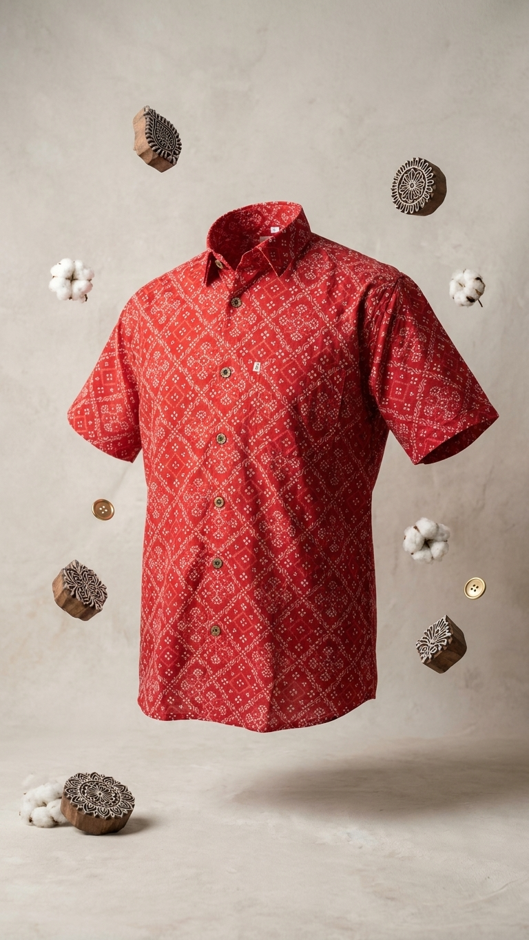 Red Floral Bandhej Printed Half Sleeves Cotton Shirt for Men