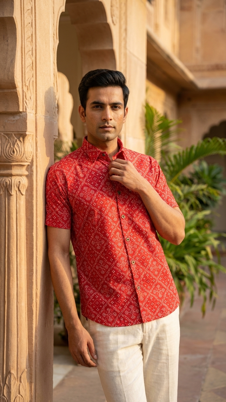 Red Floral Bandhej Printed Half Sleeves Cotton Shirt for Men