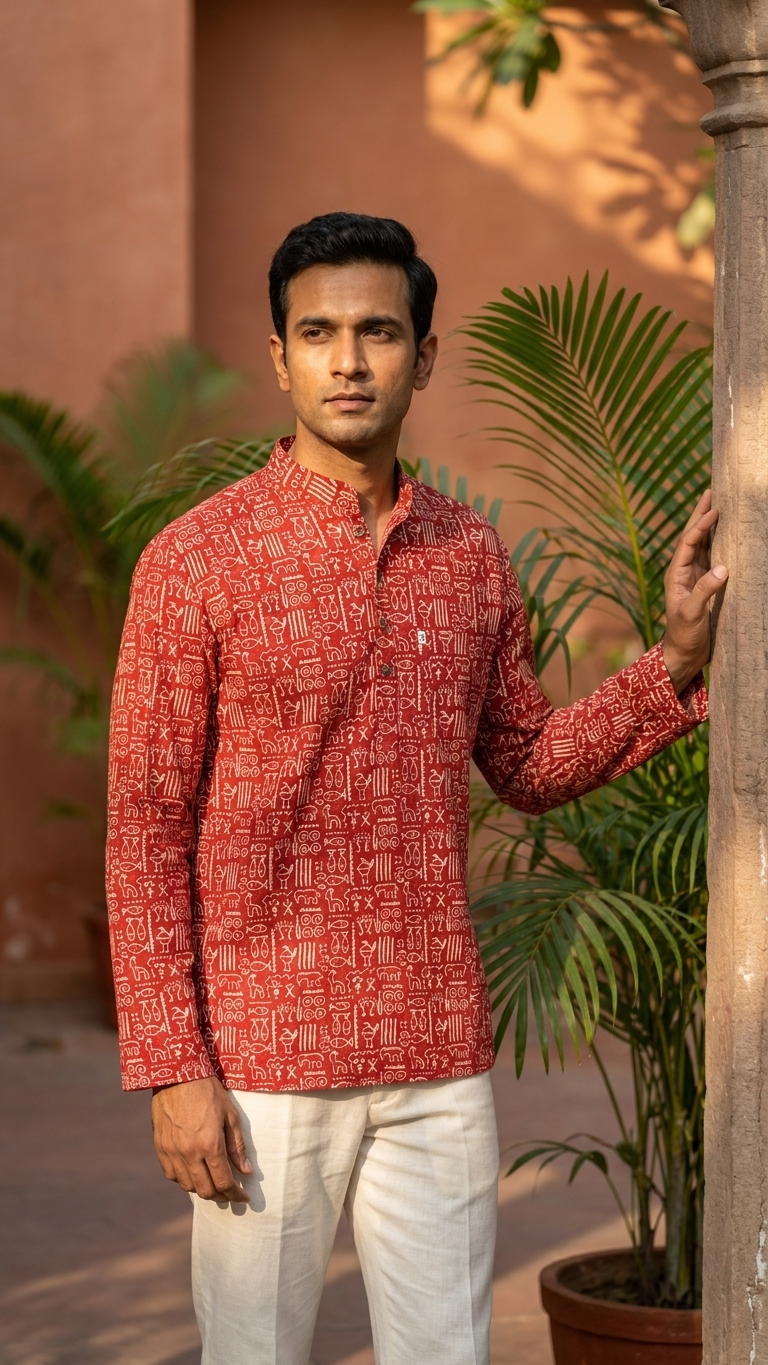 Red Ethnic Tribal Printed Men's Full Sleeves Short Cotton Kurta