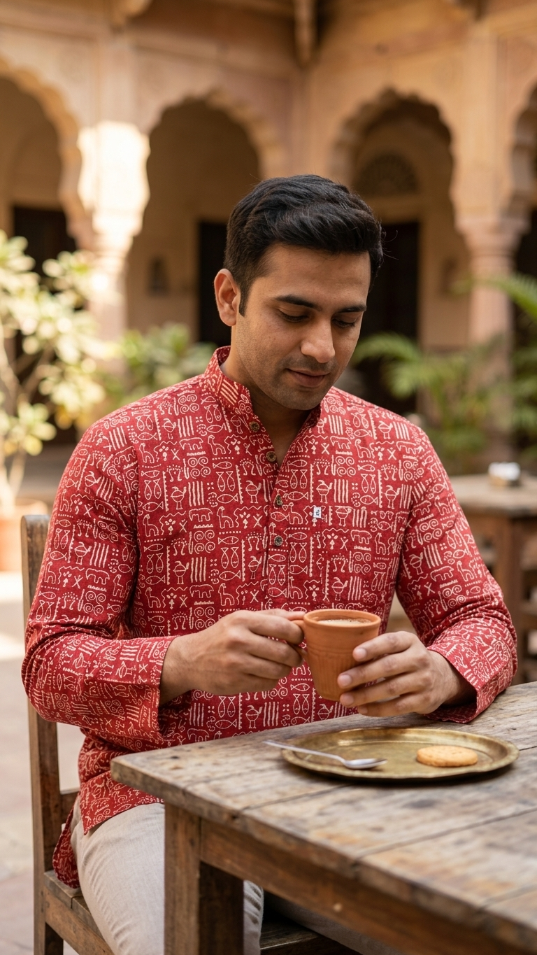 Red Ethnic Tribal Printed Men's Full Sleeves Short Cotton Kurta