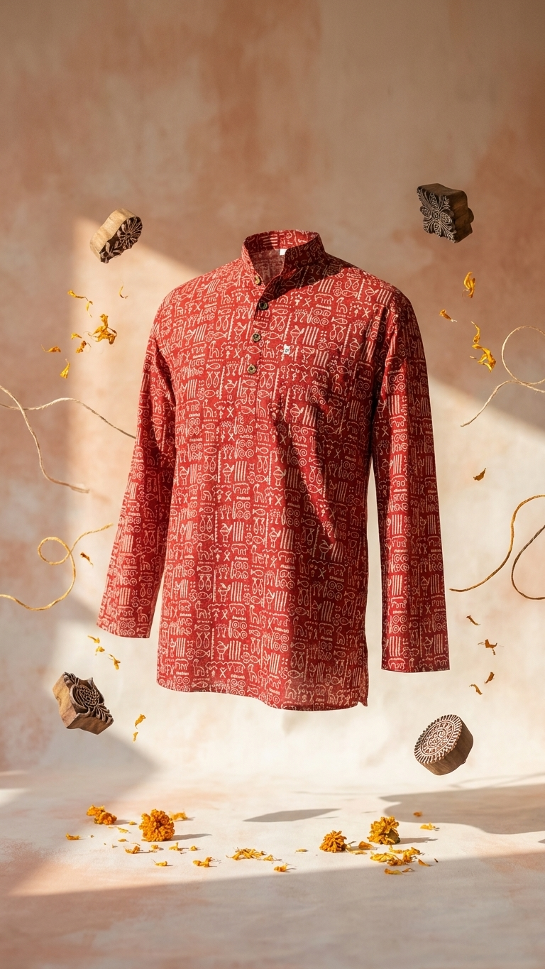 Red Ethnic Tribal Printed Men's Full Sleeves Short Cotton Kurta