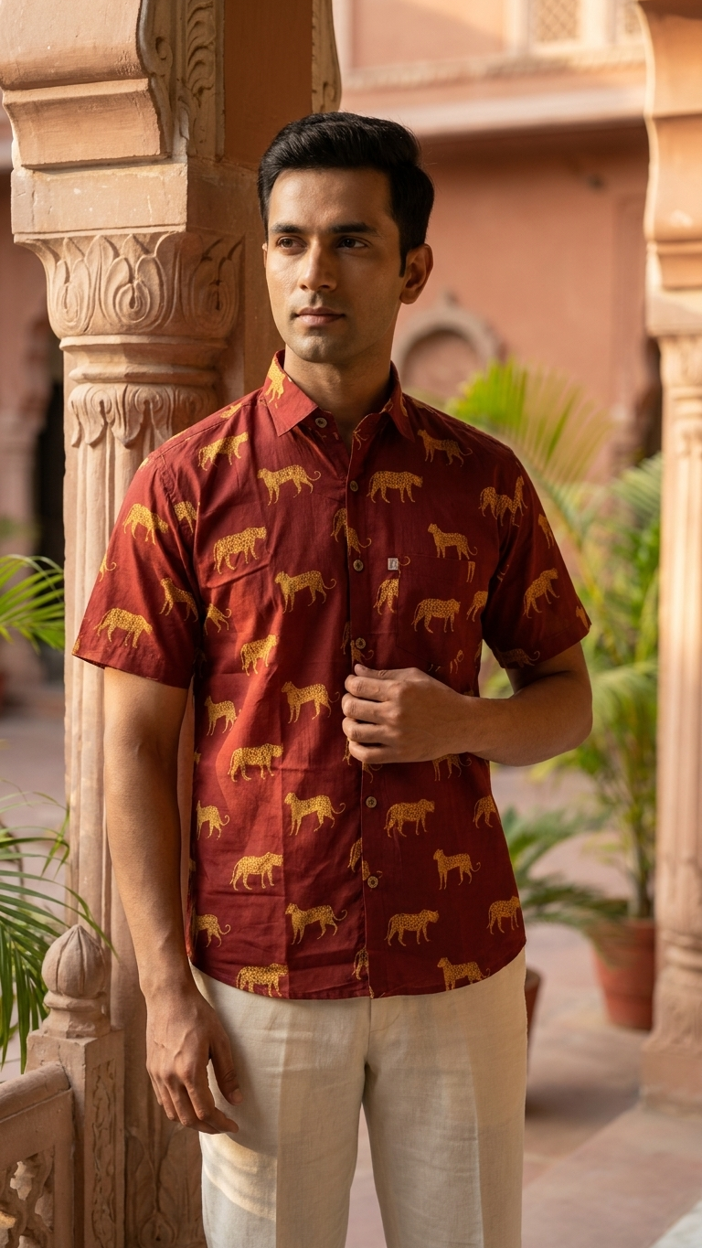 Brick Red Cheetah Print Mens Half Sleeves Cotton Shirt