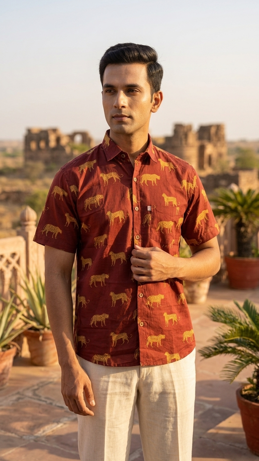Brick Red Cheetah Print Mens Half Sleeves Cotton Shirt
