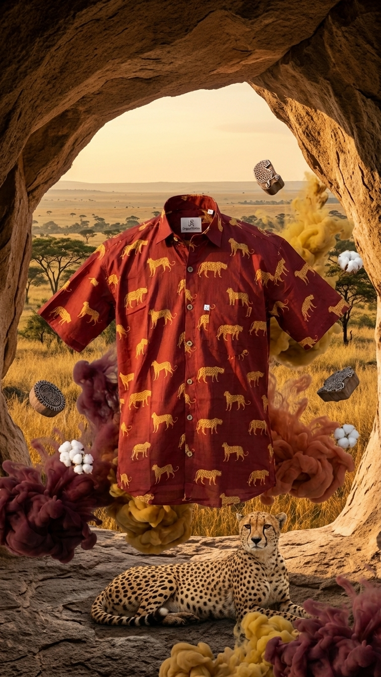Brick Red Cheetah Print Mens Half Sleeves Cotton Shirt