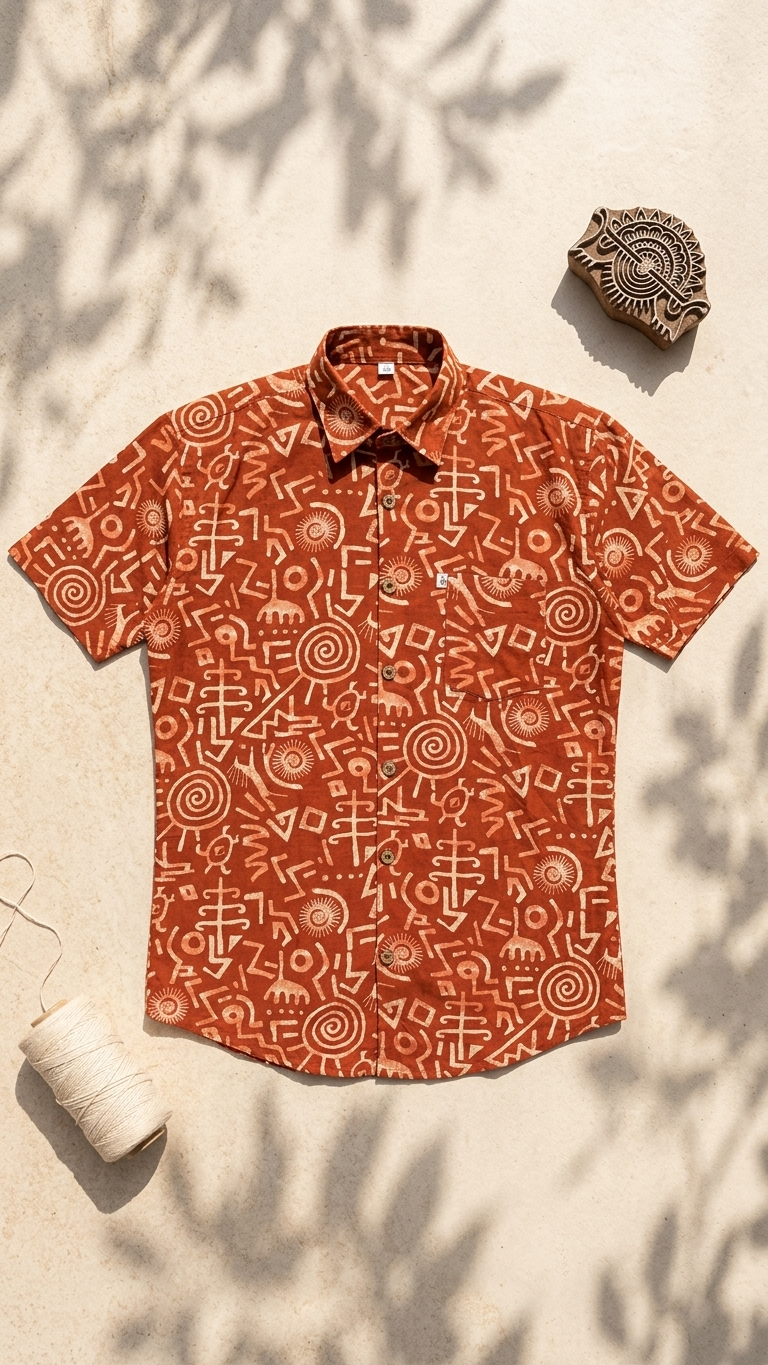 Rust Tribal Symbol Printed Men's Half Sleeves Cotton Shirt