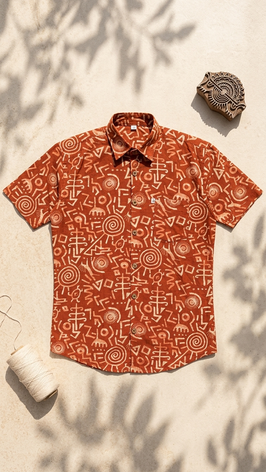 Rust Tribal Symbol Printed Men's Half Sleeves Cotton Shirt