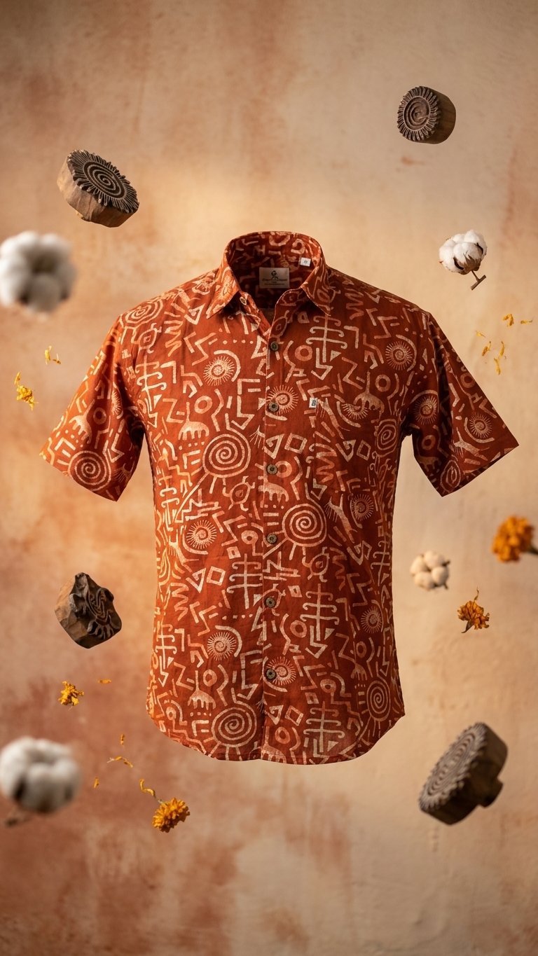Rust Tribal Symbol Printed Men's Half Sleeves Cotton Shirt