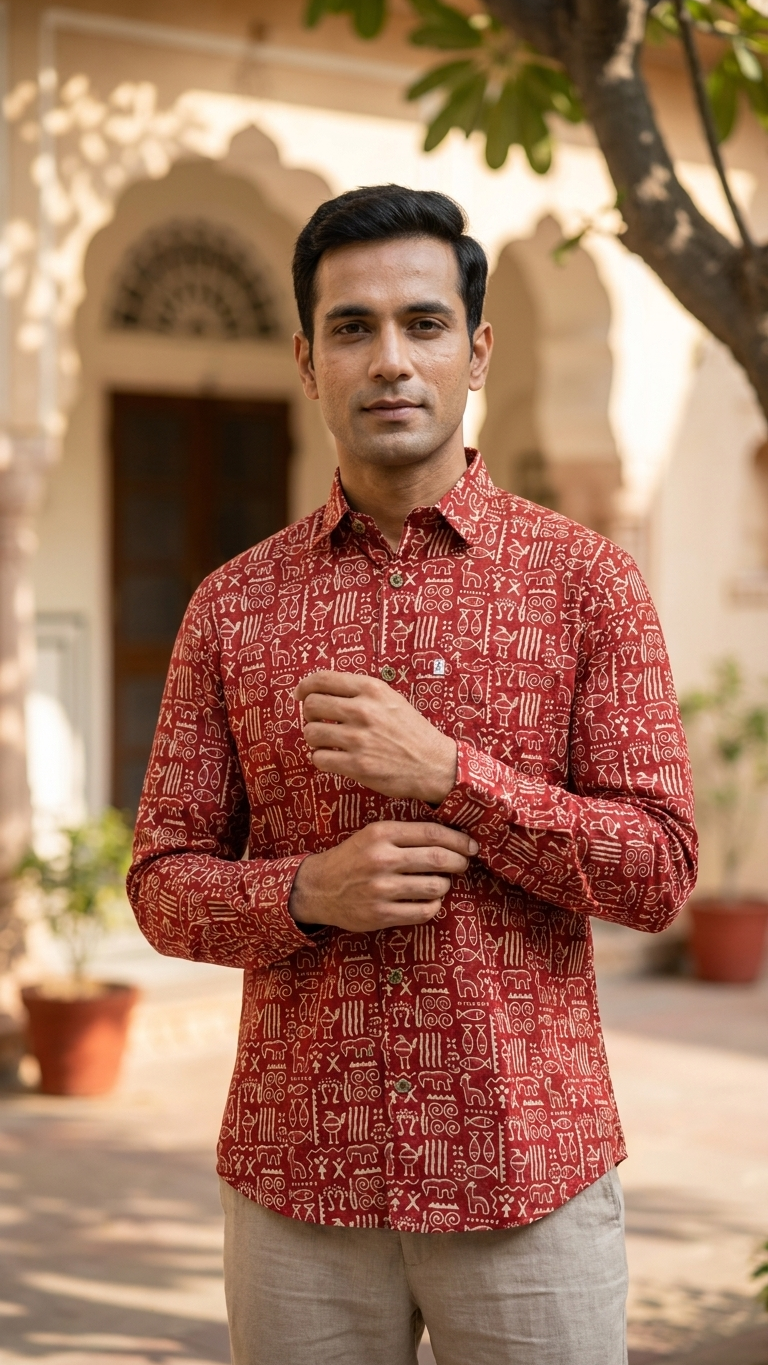 Full Sleeves Rust Red Tribal Symbol Printed Cotton Shirt for Men