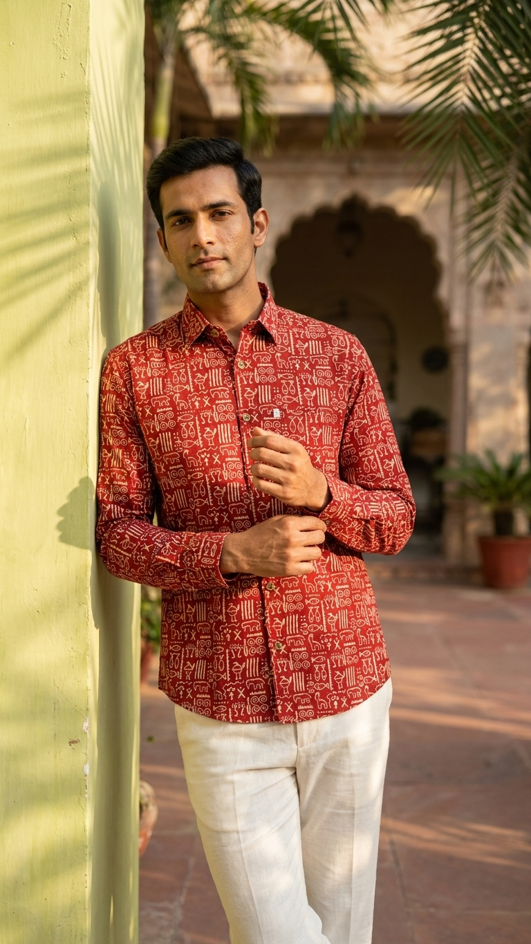 Full Sleeves Rust Red Tribal Symbol Printed Cotton Shirt for Men