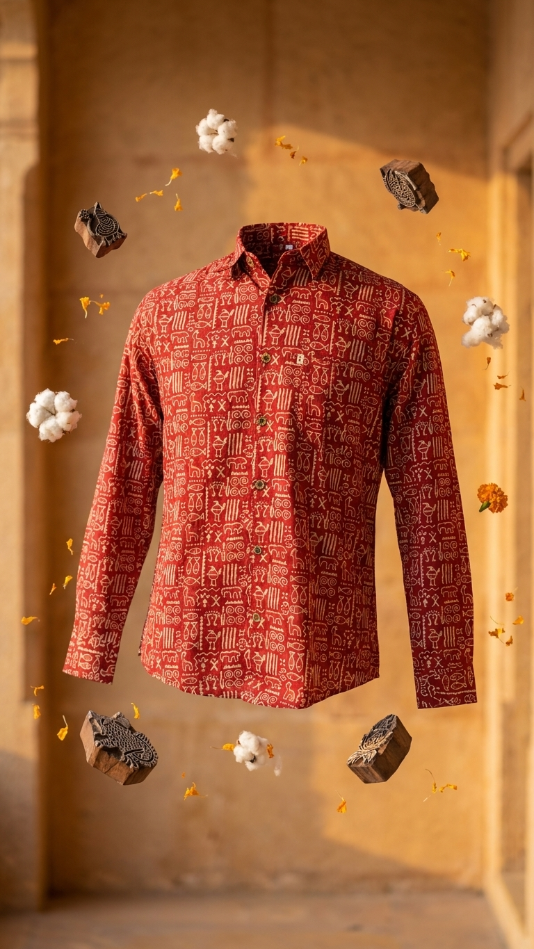 Full Sleeves Rust Red Tribal Symbol Printed Cotton Shirt for Men