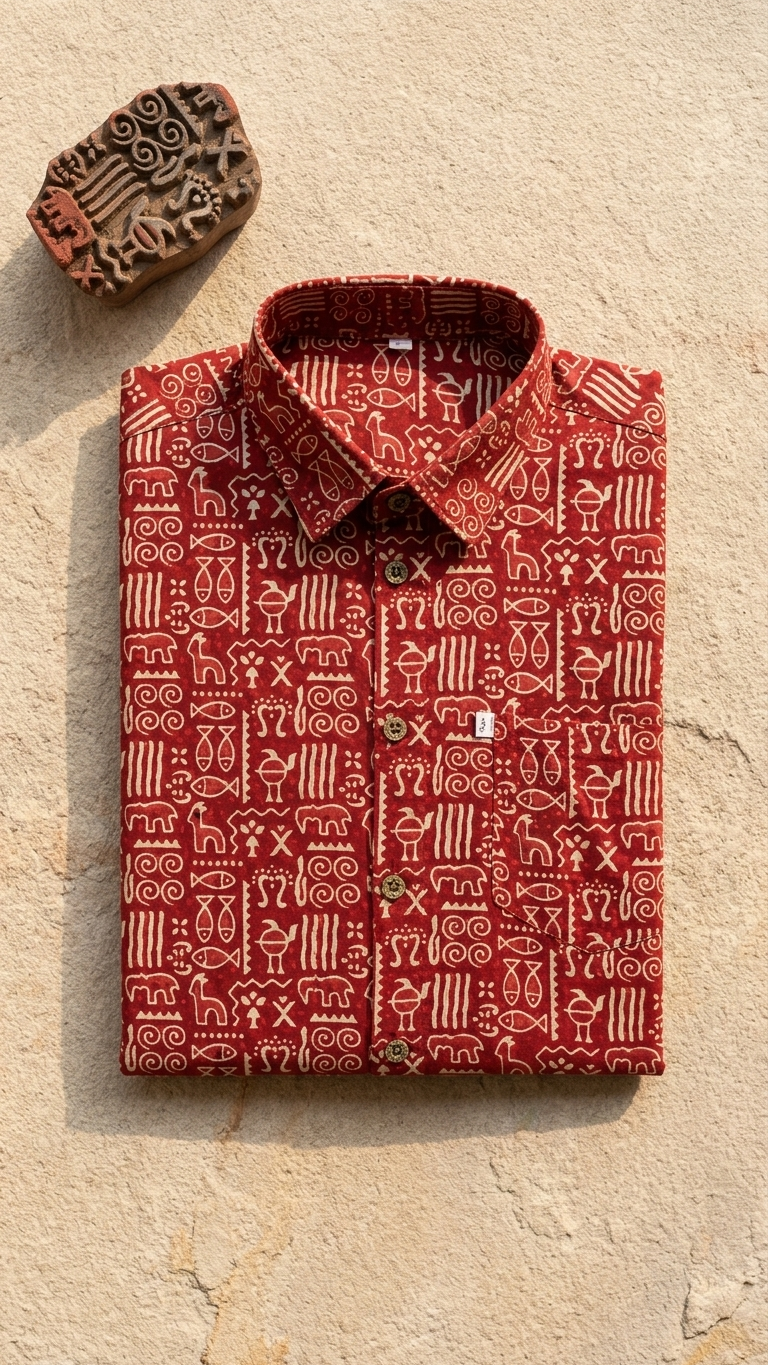 Full Sleeves Rust Red Tribal Symbol Printed Cotton Shirt for Men