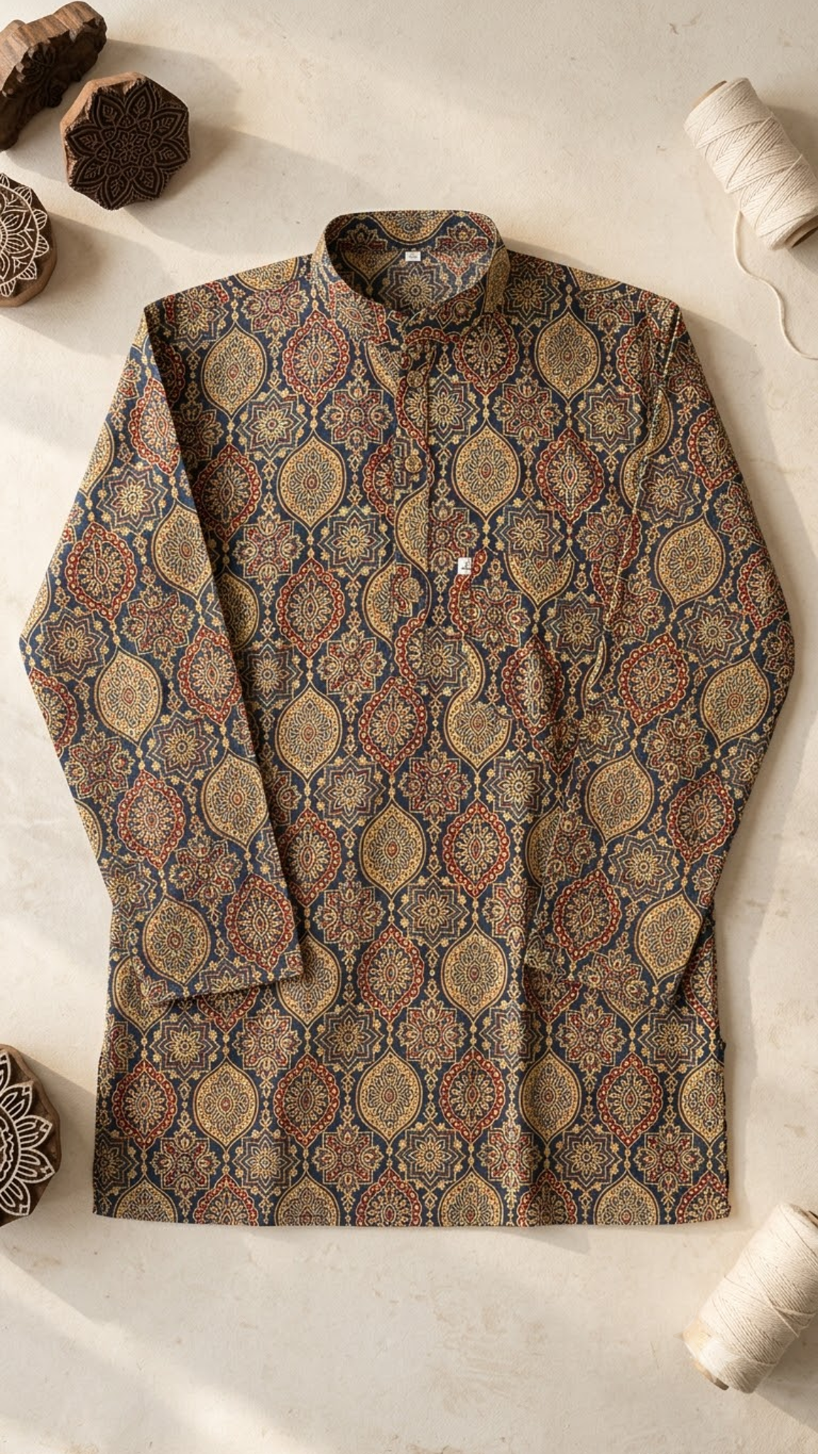 New Blue Medallion Printed Full Sleeves Short Kurta for Men